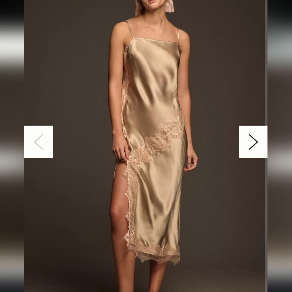 Silk Lace-Trim Slip Dress in Champagne